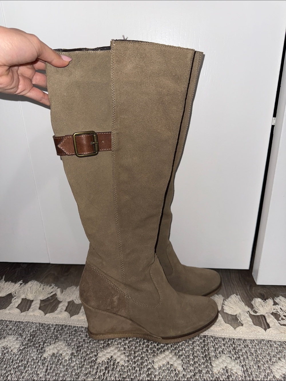 Aldo Taupe Suede Over-the-Knee Wedge Boots with Buckle